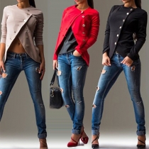 Fashion Solid Color Long Sleeve Oblique Buttons Little Coat