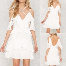 Sexy Solid Color V-neck Cold Shoulder Backless Multi-layer Ruffle Sling Dress