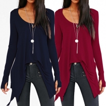 Fashion Solid Color Round Neck Long Sleeve Irregular Hemline T-shirt