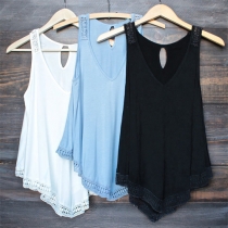 Sexy Solid Color V-neck Sleeveless Laciness High-low Tank Tops