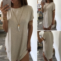 Casual Style Solid Color Round Neck Short Sleeve Irregular Hemline Dress
