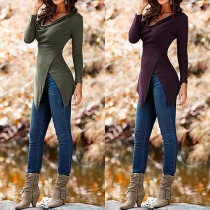 Stylish Solid Color Pile Collar Irregular Hemline Long Sleeve T-shirt