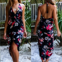 Sexy Printed Deep V-neck Backless Sleeveless Irregular Hemline Halter Dress