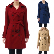 Fashion Solid Color Lapel Double-breasted Long Sleeve Hooded Gathered Waist Coat