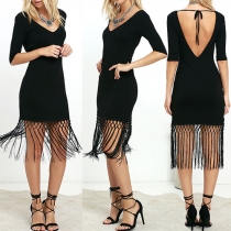 Sexy Solid Color V-neck Half Sleeve Backless Tassel Dress