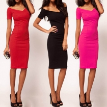 Elegant Solid Color V-neck Off shoulder Short Sleeve Back Slit Dress