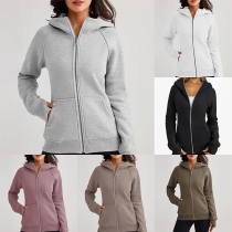 Casual Style Kontrastfärg Front Dragkedja Hooded Långärmad tröja för damer