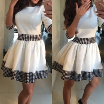 Elegant Houndstooth Spliced Round Neck 3/4 Sleeve Dress