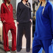 Casual Style Solid Color Round Neck Hooded Long Sleeve Sports Suit
