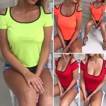 Fashion Contrast Color U-neck Cold Shoulder Short Sleeve T-shirt