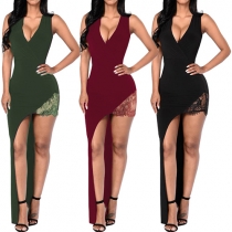 Sexy Solid Color Deep V-neck Sleeveless Lace Spliced Irregular Hemline Dress