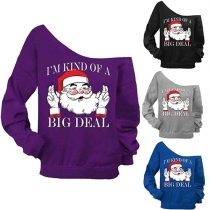 Fashion Santa Claus Printed Oblique Shoulder Long Sleeve Sweatshirt