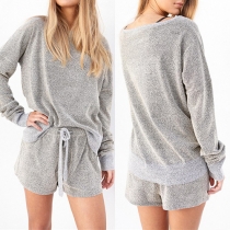 Casual Style Long Sleeve Tops and Drawstring Waist Shorts Two-piece Set