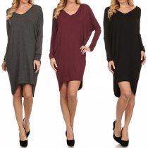 Casual Style Solid Color V-neck Bat Sleeve High-low Hemline Dress