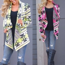 Stylish Printed Long Sleeve Irregular Hemline Knit Cardigan
