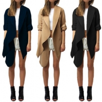 Stylish Solid Color Lapel Irregular Hemline Cardigan
