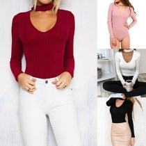 Sexy Solid Color Choker Neckline V-neck Long Sleeve Bodysuit