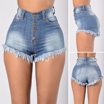 Fashion High Waist Single-breasted Tassel Denim Shorts