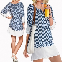 Trendy Wave Printed V-neck 3/4 Sleeve Loose-fitting Dress