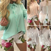 Fashion Lapel Button Down Long Sleeve Back Zipper Slit High-low Tops