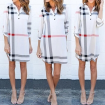 Casual Style Lattice Printed V-neck 3/4 Sleeve Slit Hem Dress