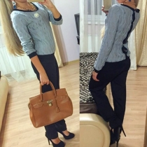 Fashion Round Neck Long Sleeve Back Buttons Hollow Out Knit Sweater