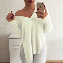 Sexy V-neck Long Sleeve Slit Hem Loose-fitting Sweater