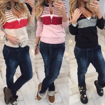 Sexy Contrast Color Striped Printed Front Zipper Long Sleeve Coat