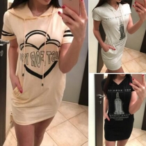 Fashion Printed V-neck 2-side Pockets Hooded Short Sleeve Dress