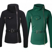 Fashion Solid Color Collar Long Sleeve Side Zipper Gathered Waist Jacket