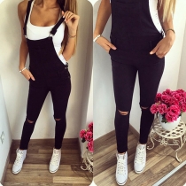 Fashion Solid Color 2-side Pockets Ripped Overalls