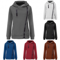 Casual Style Contrast Color Side Zipper Long Sleeve Hooded Sweatshirt