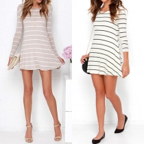 Fashion Striped Round Neck Backless Long Sleeve Dress
