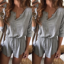 Casual Style Solid Color Buttons Round Neck Long Sleeve Drawstring Waist Romper