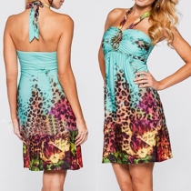 Sexy Printed Strapless Backless Beaded High Waist Halter Dress