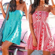 Sexy Rhombus Printed Strapless Backless Gathered Waist Dress