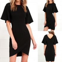 Elegant Solid Color Round Neck Bell Sleeve V Back Irregular Hemline Dress