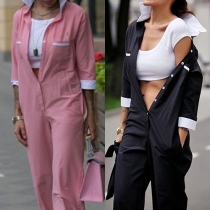 Fashion Contrast Color Lapel 3/4 Sleeve Blouse Jumpsuit with Waist Strap