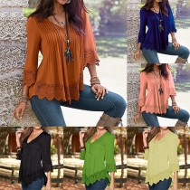 Fashion Solid Color Lace Spliced V-neck Bracelet Sleeve Tops
