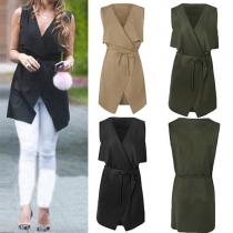 Fashion Solid Color Lapel Sleeveless Gathered Waist Cardigan