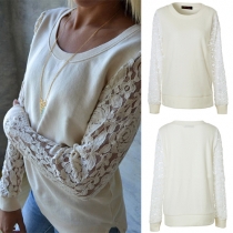 Stylish Lace Spliced Solid Color Round Neck Long Sleeve Slit Hem Tops