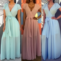Sexy Solid Color Deep V-neck Short Sleeve Gathered Waist Pleated Maxi Dress
