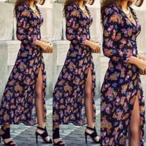 Sexy Printed V-neck Bracelet Sleeve High-slit Hemline Maxi Dress