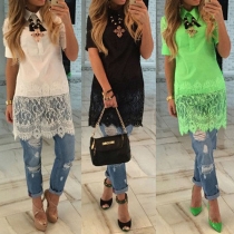 Fashion Solid Color Lace Spliced Lapel Short Sleeve Dress