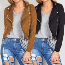 Fashion Solid Color Oblique Zipper Lapel Long Sleeve Coat