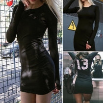 Sexy Numeric Printed Round Neck Long Sleeve Slim-fitting Dress