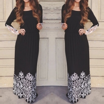 Fashion Lace Spliced Round Neck Long Sleeve Gathered Waist Maxi Dress