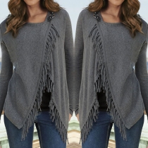 Trendy Solid Color Long Sleeve Irregular Hemline Tassel Tops