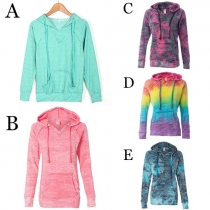 Stylish Contrast Color Printed Long Sleeve Front Pocket Hooded Sweatshirt For Women