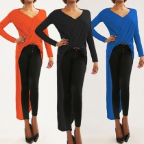 Fashion Solid Color V-neck Long Sleeve Irregular Hemline Top